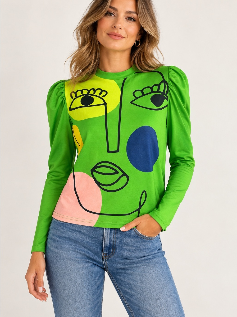 Izuria Bright Green Graphic Long-Sleeve Top puff shoulder size medium